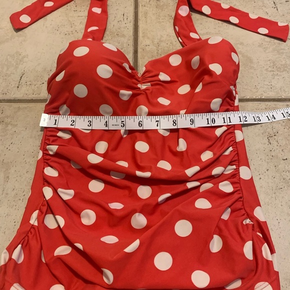 Retro Red & White Polka Dot Ruched Halter One-Piece Swimsuit- Small - Picture 2 of 5